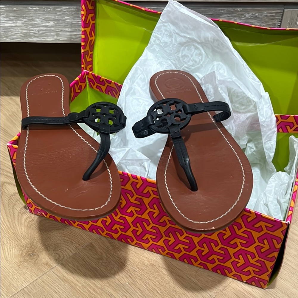 Tory Burch Black and Brown Sandals with Decorative Straps